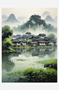 数字艺术水墨画夏季江南水乡AI场景-众图网