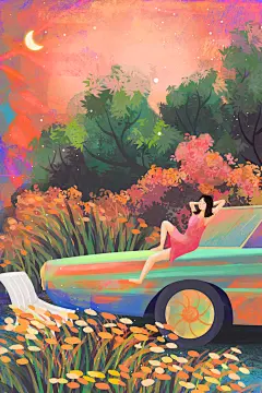 唯美汽车高级感森林树木手绘插画
