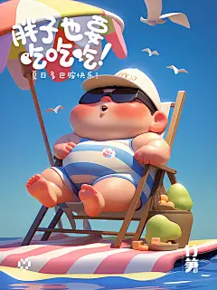 夏日海滩插画集锦！8 张快乐胖男孩 Prompt 灵感！