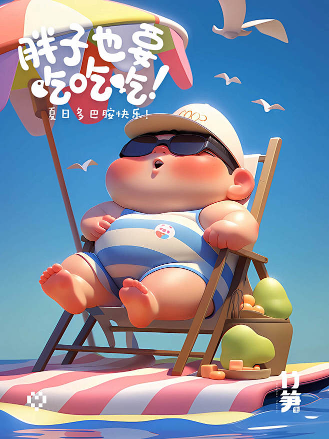 夏日海滩插画集锦！8 张快乐胖男孩 Pr...