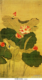 清代 刘誊 《荷花图》--- 刘誊，号睡猿，江苏阜宁人，擅山水、花鸟，运笔设色，工致精妙。此图以没骨法描绘夏日荷塘小景。塘水清澈，荷叶若舞，数朵莲花渐次开放，叶绿清新，花红宜人，晕染细润。