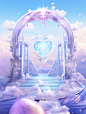 C4D rendering of colorful crystal castle of fairy tale princess, arched doorway, dreamy surreal scenery, gradient translucent glass melt, laser effect, caustics transparent glass, girly heart, crystal material, purple white pink, futuristic fantasy, imagi