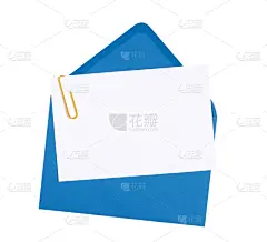 空白的,蓝色,请柬,生日,信封,正面视角,贺卡,留白,回形针,水平画幅