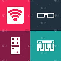 设置流行艺术音乐合成器，多米诺，电影眼镜和Wi-Fi无线互联网网络图标。向量