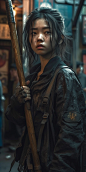 film still, Ultra-realistic live action with ultra-high resolution, A super cute 16 year old Japanese girl dressed in black leather attire with an ax in her hand, in the style of glossy finish, superheroes, gustave doré, modular, high tonal range, cargopu