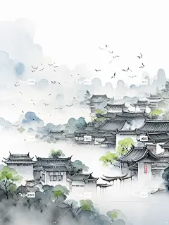 写意江南水乡青泉烟雨，中国古代乡村风光，鸟瞰全景海报