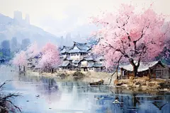 水墨风徽派建筑江南水乡插画