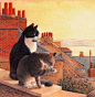 'Chesterton and Twiglet on a Cornish roof top'  by beloved British artist Lesley Anne Ivory. Painted interpretations of cats’ personalities and expressions has made her one of Britain’s favorite animal artists, accomplished enough to have her works hung i