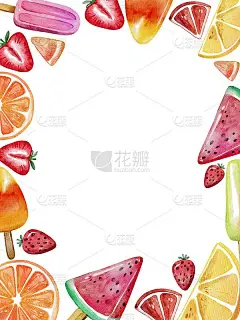 手绘水彩框架美味的冰淇淋和柑橘。夏季。用于海报，卡片，印刷，标签，纺织，图案，婚礼，市场，菜单，派对