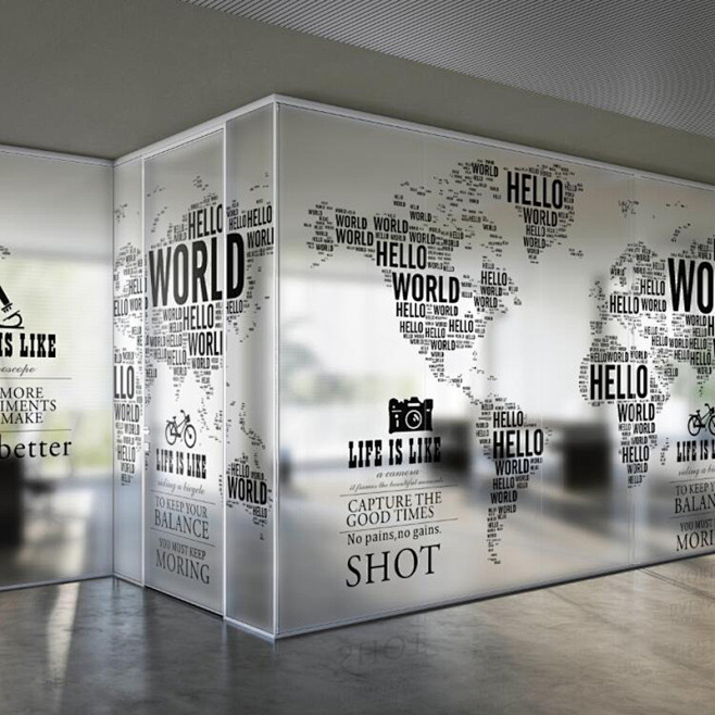 商务办公室磨砂玻璃贴字母世界地图会议室移...