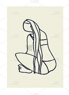 装饰艺术打印。手绘概述矢量插图的长发妇女在比基尼，盘腿坐