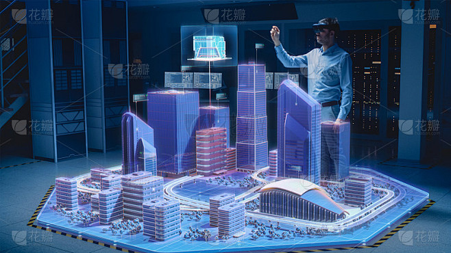 工业4.0:现代专业建筑师戴着虚拟现实头盔，用手势设计、操纵3D城市的建筑。混合增强现实软件。特效特