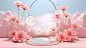 A product e-commerce background exhibition booth with a dreamy style featuring a pink flower sea in C4D. The booth showcases intricate details and is in HD with a resolution