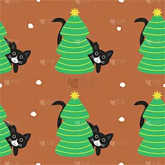 疯狂的黑猫和圣诞树。以雪花为背景。圣诞节无缝模式。