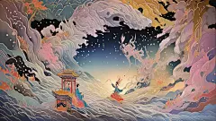 山海经九头蛇相柳，女娲补天，五彩石，造人，皮影戏，星光，夸父持木杖逐日，皮影，皮影文化，远古殷郊大战弯月九尾狐，镂画，金色毛发神猴将军，超清，粉紫猪妖当康，戏服，非遗文化，庄周梦蝶坐看宝石蓝鲲鱼逍遥击水，化为展翅鹏鸟，中国皮影艺术，年代感，四灵，皮影服饰，复杂的细节，朱雀凤凰，神话瑞兽，精美，皮影人物，皮影人物，山海画卷，投影，九色鹿涉水而来，敦煌风，动画雕刻，国潮五彩，鎏金勾勒渲染明黄色