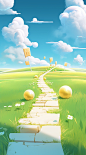 a paved pathway leads to clouds above a green field, in the style of whimsical character design, light yellow and light gold, 8k 3d, rounded forms, light white and gold, scattered composition, applecore