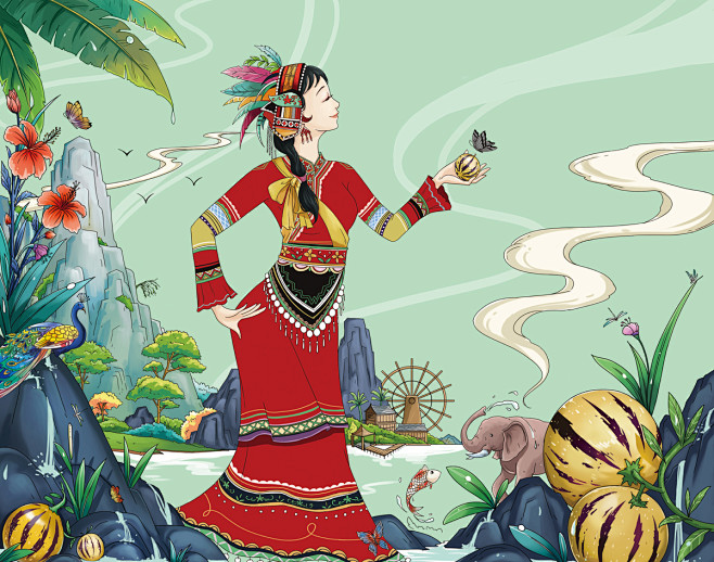 傣族少女浪成仙品牌包装设计插画师作品涂鸦王国gracgcom