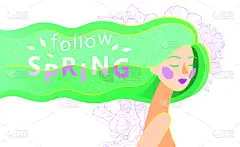 春天,绘画插图,女孩,文字,矢量,长发,抽象,绿色头发,可爱的,贺卡