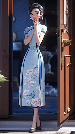 蓝色旗袍美女插画中国风国潮3D人物