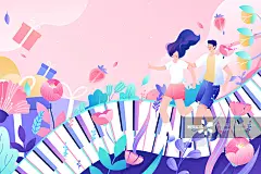 卡通夏季夏天情侣情人节钢琴音乐节演出电商促销优惠渐变矢量插画图片素材