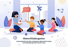 Informative Poster Written Home Kindergarten.Informative Poster Written Home Kindergarten. Developmental Courses Effectively Complement Schooling. Children are Sitting on Floor Indoors, Teacher Shows Pictures. Vector Illustration.