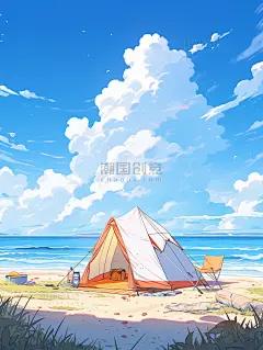 夏季唯美海边沙滩帐篷风景插画9