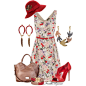 This set features an Oasis bird print skater dress and gorgeous Marc Jacobs bag, along with some fabulous red shoes and various Marc Jacobs, bird, and feather accessories.
