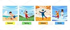 四季插画少年，秋冬夏春活动。可爱的小男孩在不同的季节里嬉戏快乐的插画概念