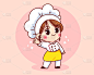 可爱的厨师女孩微笑在制服吉祥物手势ok标志卡通艺术插图标志