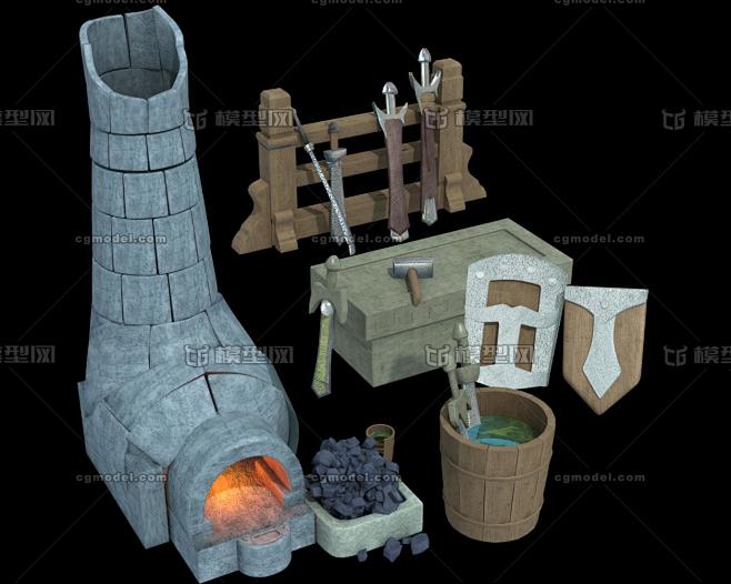 古代兵器冶炼场元素 冶炼炉 锻造炉 熔炉 木桶 道具 铁锤