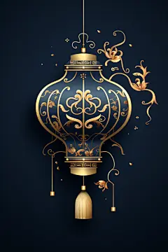 中式华丽精致金色花卉灯笼元素插画