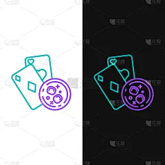 绿色和紫色线扑克牌和威士忌杯冰块图标孤立在白色和黑色的背景。赌场赌博。矢量图