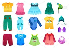 矢量图的婴儿和儿童孩子衣服集合。卡通矢量图.