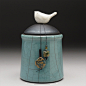 Ceramic jar with Bird,green pottery jar ,Little Clay Bird on Jar, raku fired art pottery