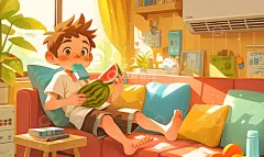 室内吹空调吃西瓜插画高清模板免费下载-趣麦麦图