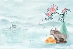 春天春分春暖花开中国风水墨唯美雪景新春牛年橘子杜鹃冬天山水风景插画海报背景