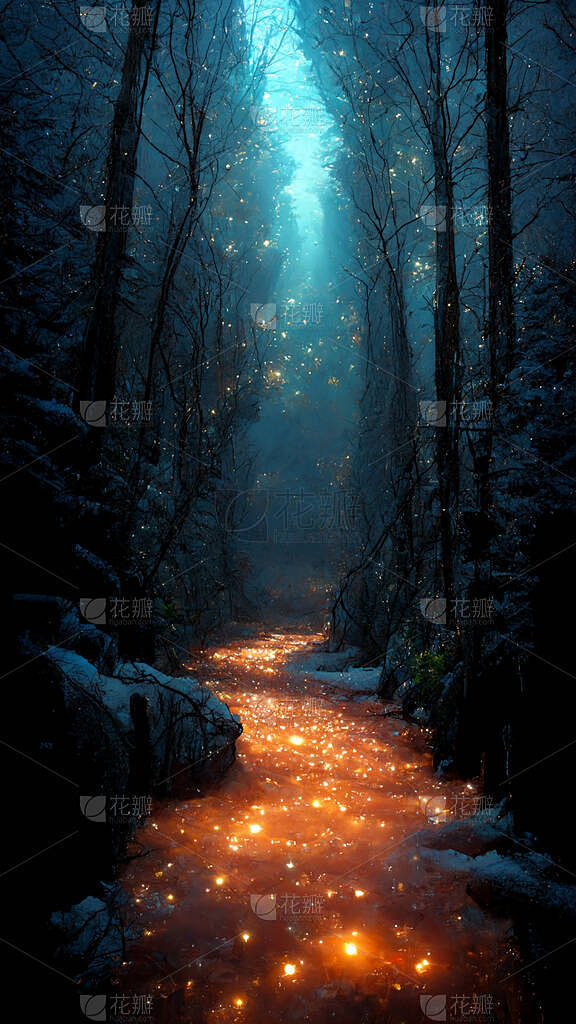神秘的背景红河在黑暗的森林中奔流.幻想童...