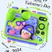 This may contain: a green and purple toy is laying on top of it's back with its mouth open