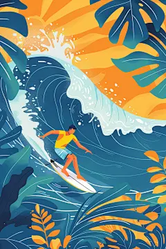 扁平风冲浪夏天休闲插画