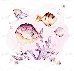 一组海洋动物。蓝色水彩海洋鱼，海龟，鲸鱼和珊瑚。壳牌水族馆背景。航海手绘插图。