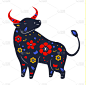 Bull decorated with flowers. Ox Chinese zodiac. Be