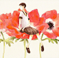 水彩插画：花与少女