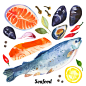 25P水彩手绘果蔬食物海鲜鱼矢量高清素材广告海报包装网页设计-淘宝网