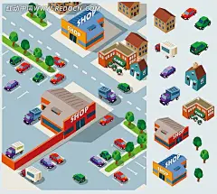 手绘卡通城市生活城市|城市风光|城市图片|房屋|建筑|卡通|汽车|商场|生活|矢量素材|手绘|树木