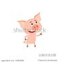 Funny little pig pointing and looking at something, cartoon vector illustration isolated on white background. Cute little pig standing on two legs, pointing and looking up, decoration element