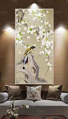 新中式手绘梨花工笔花鸟玄关背景墙装饰画