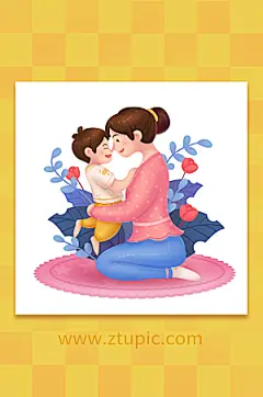 母亲节花丛玩耍人物插画设计