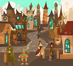 童话般的小镇上有着古老的欧洲建筑房子的Steampunk科技人物，幻想城堡历史上的欧洲漫画病媒图解.