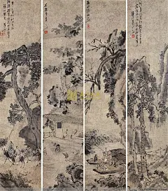 苏六朋——四屏人物画欣赏  |  
苏六朋(1791—1862)，广东顺德人。字枕琴，号怎道人、怎叔、南水村佬、南溪渔隐、浮山樵者、石楼吟叟、南水人、南水渔郎、浮山山人、浮山七十二洞天樵子等。中国清代画家。能书隶草行多种字体;能画山水人物花鸟。宗法赵子昂、唐伯虎、仇十渊、吴伟、黄慎，又亲得罗浮山僧德坤的真传，画技娴熟高超，既能作端秀精细的工笔画，也能作粗毫写意的简笔画。尤善画人物，绘写了不少盲公、卖艺人等市井人物，是广东画坛上独树一帜的画家。