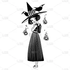 美丽的哥特式女巫在礼服和帽子与魔术项目的矢量插画设计快乐万圣节海报